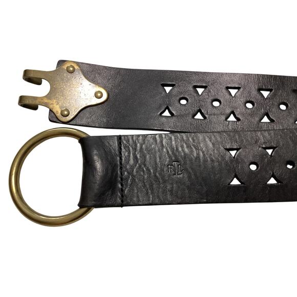 Lauren Ralph Lauren Black Leather Geometric Laser Cut Belt Brass claw Buckle XL main image 4